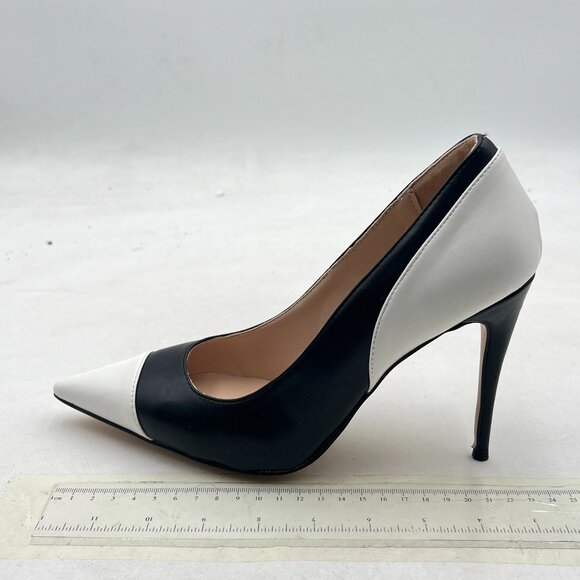 YDN Shoes - YDN Black/White Chic Pointed Closed Toe Stiletto Heel Pumps Slip on Slide Shoe